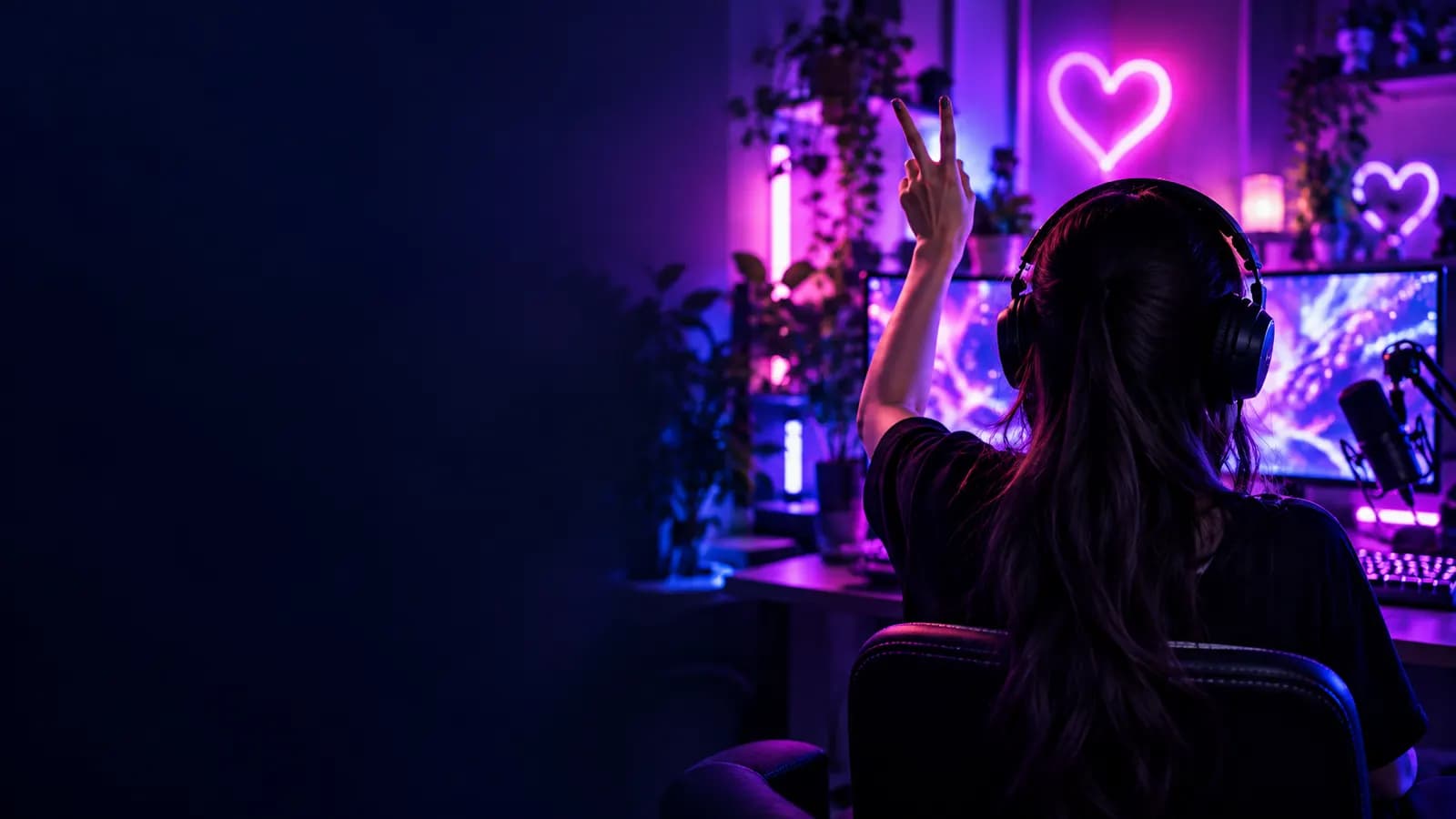 Creatorin von hinten vor ihrem leuchtenden Stream-Setup (Symbolbild)